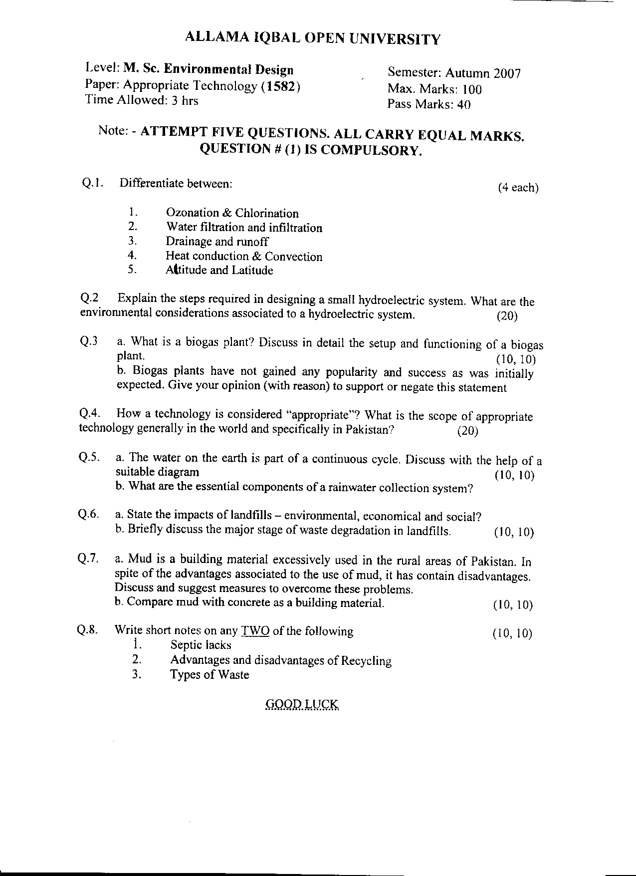 AIOU OLD PAPERS , Post Graduate Programms, Bio chemistry